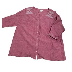 C J Banks women's 3X‎ linen blend embroidered button up red chambray pink 3/4